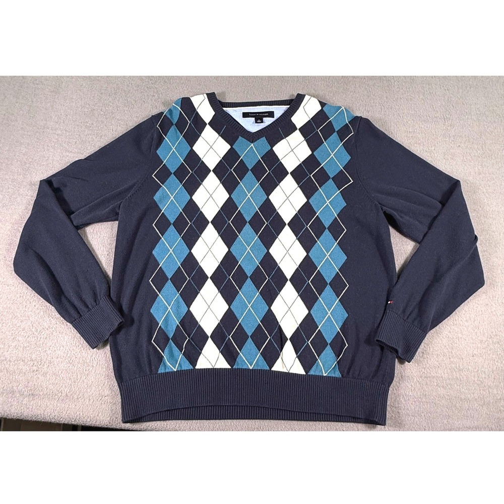 Tommy Hilfiger Argyle Sweater Navy Blue V-Neck Cotton Pullover M Preppy Academia